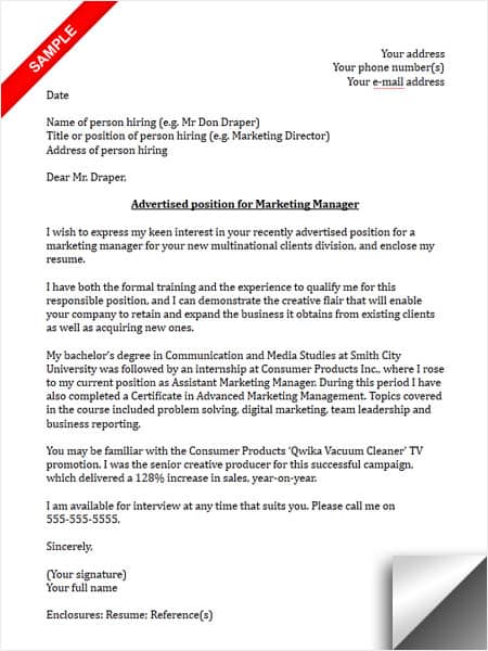 cover letter for manager marketing